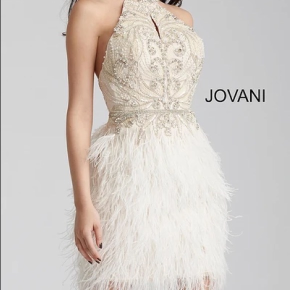 Ivory Embellished High Neck Short Dress 45547 - Picture 3 of 5